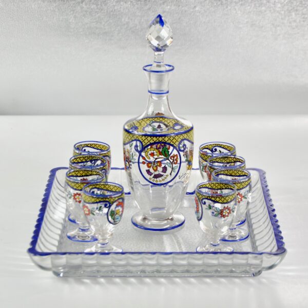 French Art Deco enamel glass decanter set, Cristallerie de Sèvres 1