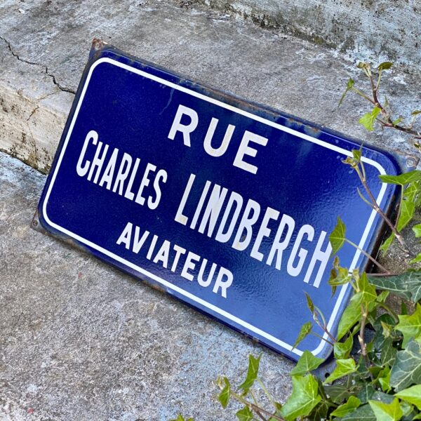 French vintage enamel street sign Charles Lindbergh Aviateur, authentic blue enamel road sign, French wall decor 3