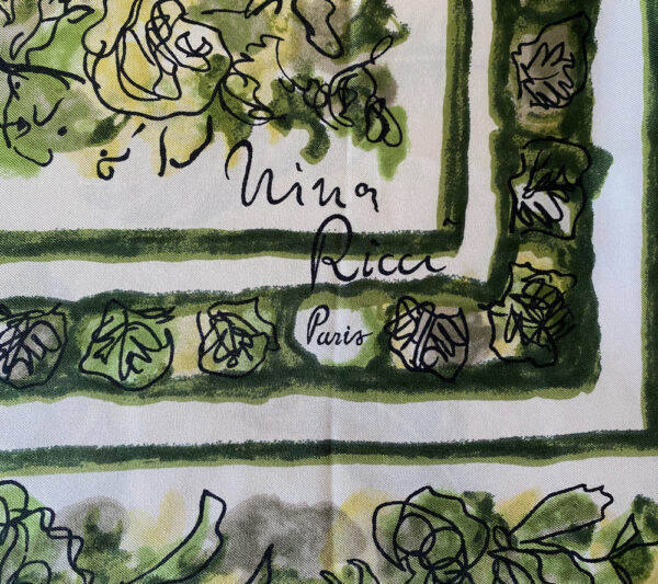 nina ricci paris silk scarf, vintage couture scarf, Nina Ricci floral scarf in green and white