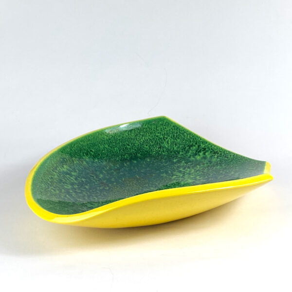 Mid century French art pottery bowl yellow and green bowl, asymmetric