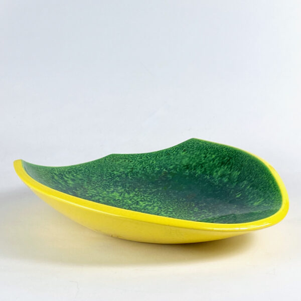 Mid century French art pottery bowl yellow and green bowl, asymmetric