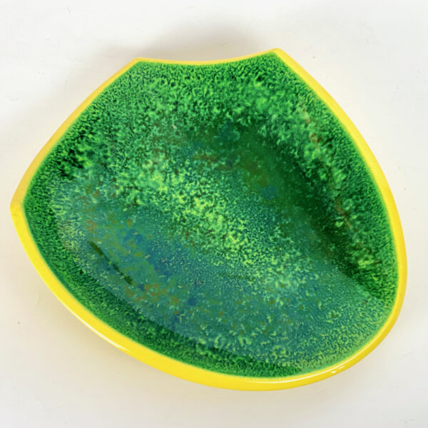 Mid century French art pottery bowl yellow and green bowl, asymmetric