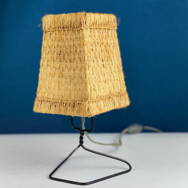 mid century raffia lamp, vintage metal lamp with raffia shade, small mid century lamp, retro wrought iron lamp, MCM bedside lamp, accent lamp