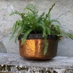 Antique French beaten copper cauldron with cast iron handle, large round hammered metal planter, French round cooking pot (1)