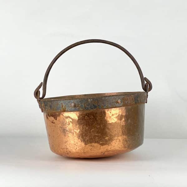 Antique French beaten copper cauldron with cast iron handle,French round cooking pot,large round hammered metal planter (4)