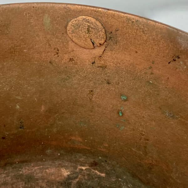 Antique French beaten copper cauldron with cast iron handle,French round cooking pot,large round hammered metal planter (5)