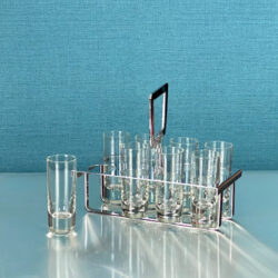1970s shot glass set Mid century French tequila glass set in chrome metal, Vintage 1960s liquor glasses, Retro bar accessories, 1970s barware