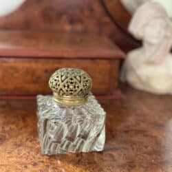 19th century Baccarat crystal inkwell with gilt bronze filigree lid, French antique crystal, desk ornament