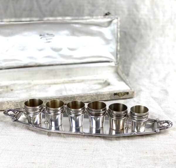 Antique French liquor glasses set in silver plate, boxed set, cordial cups in stand, 1900s liqueur glasses, table ware decor