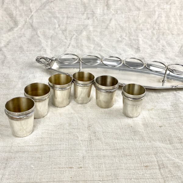 Antique French silver plate liqueur glasses, boxed set with stand French liquor glasses set in silver plate, boxed set, cordial cups in stand, 1900s liquor glasses, table ware decor,