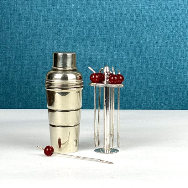 Art Deco mini cocktail shaker cocktail stick set by P H Vogel