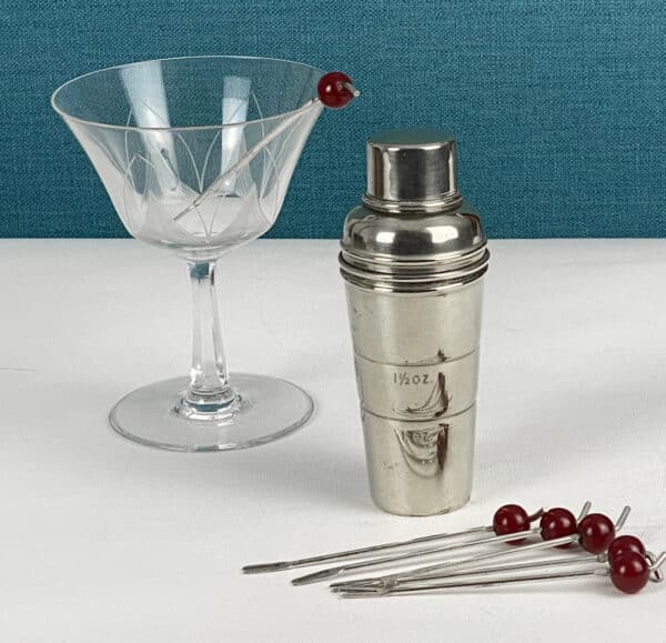 Art Deco mini cocktail shaker cocktail stick set by P H Vogel