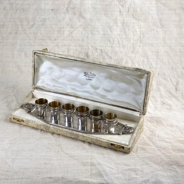 French silver plate liqueur glasses, boxed set with stand, liquor cups, cordial cups