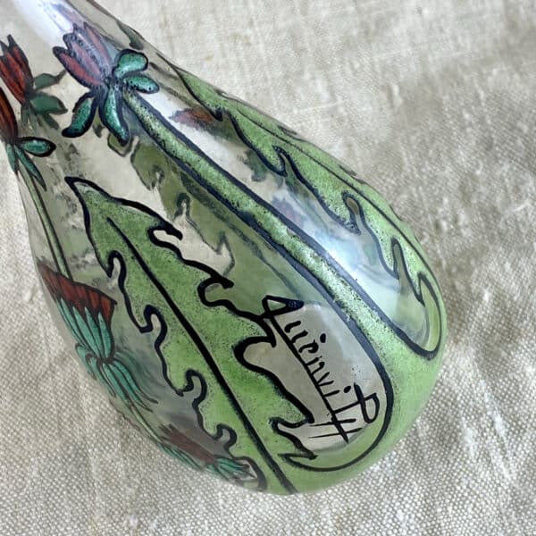 Henri Quenvil French art nouveau enamelled glass miniature vase