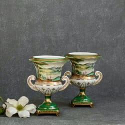 antique Saxe porcelain pair of Medici vases, hand painted, antique, 19th century ceramic