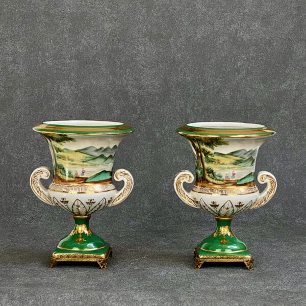 antique Saxe porcelain pair of Medici vases, hand painted, antique, 19th century ceramic