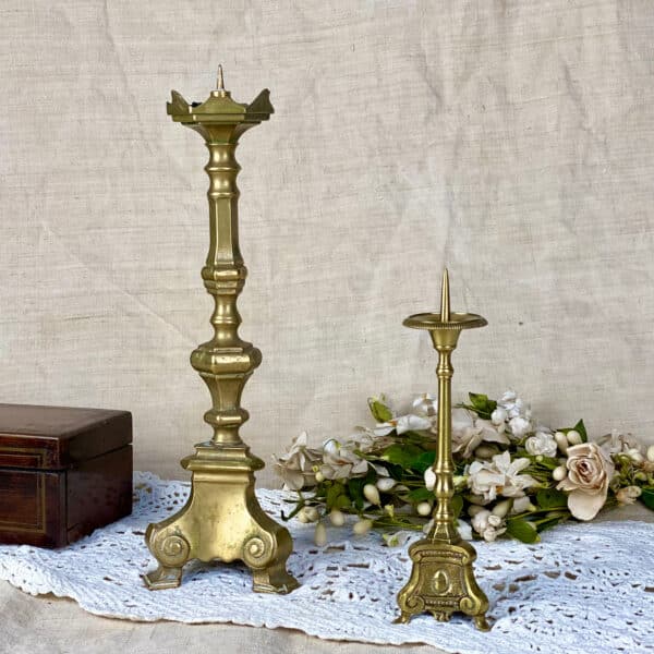 antique brass altar candlesticks, church candle holders, 1900s, French ecclesiastical