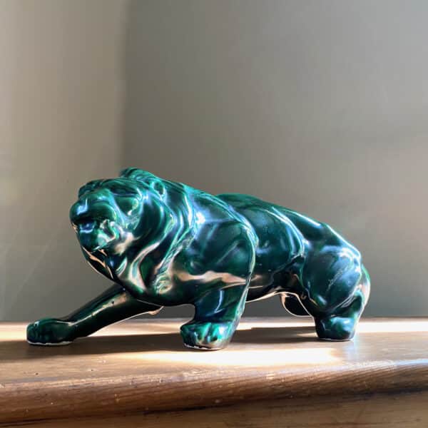 art deco green lion, saint clement large french green ceramic animal figure