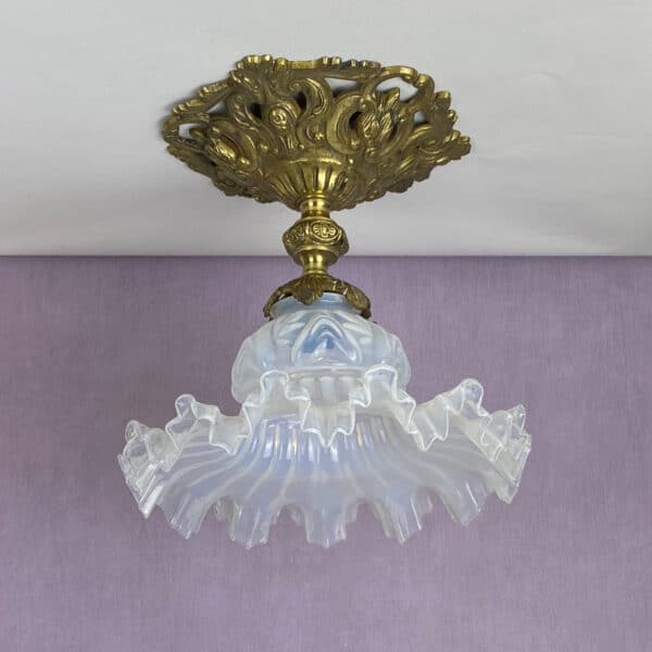 Antique French light in bronze and opalescent glass, plafonnier ceiling light with frilled shade (1) 19th century ceiling light