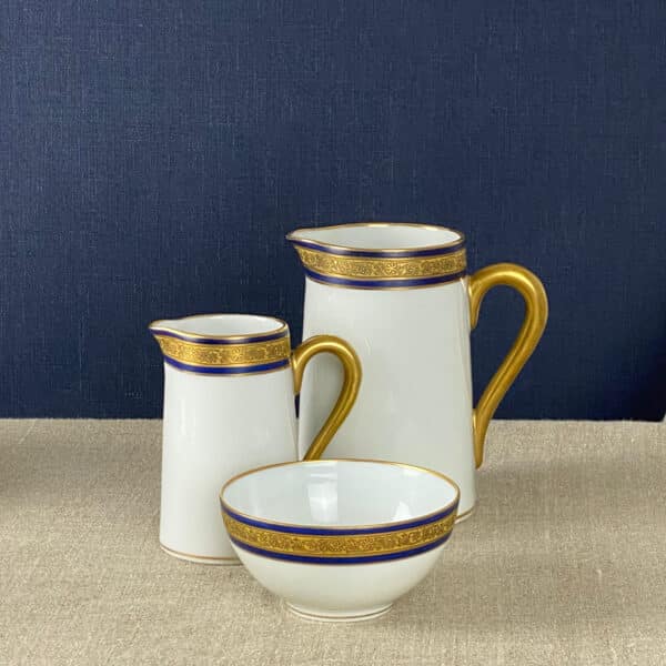 Art Deco Limoges Porcelain tête-à-tête set in blue and gold, vintage tea cups, tea for two, gift for the home
