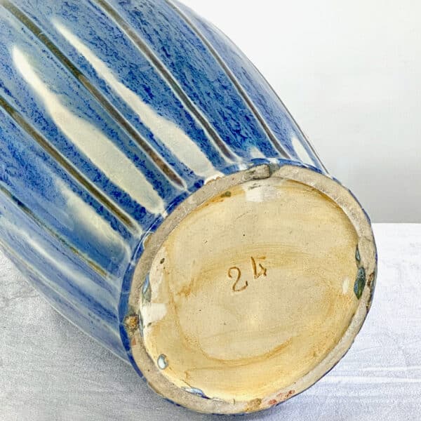 Huge french ceramic vase with blue drip glaze and ribbed shape 17 inches, 1900