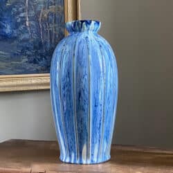 Huge french ceramic vase with blue drip glaze and ribbed shape 17 inches, 1900s (1)