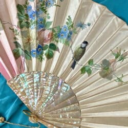 Silk fan with mother of pearl, hand painted decor of bird and flowers c1890 (3)