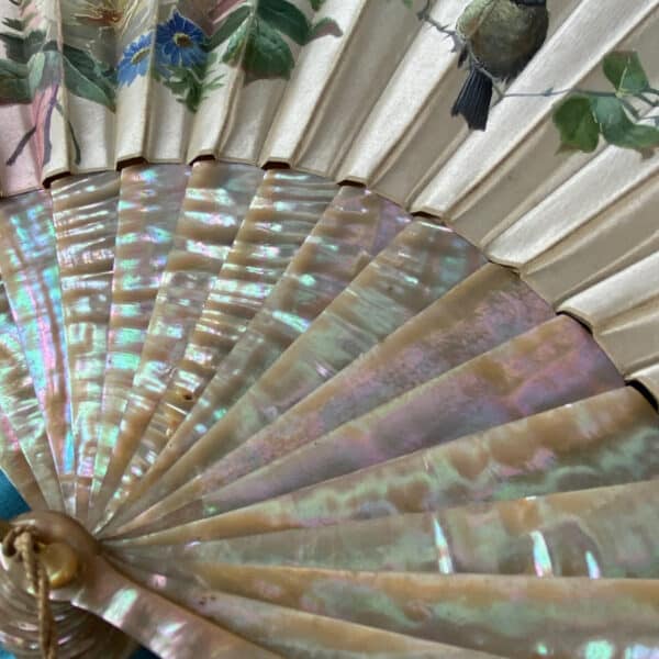 Silk fan with mother of pearl, hand painted decor of bird and flowers c1890 (5)