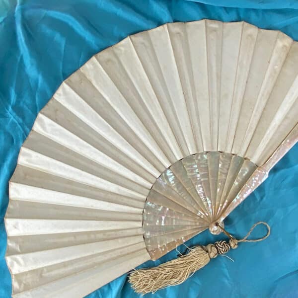 Silk fan with mother of pearl, hand painted decor of bird and flowers c1890 (6)