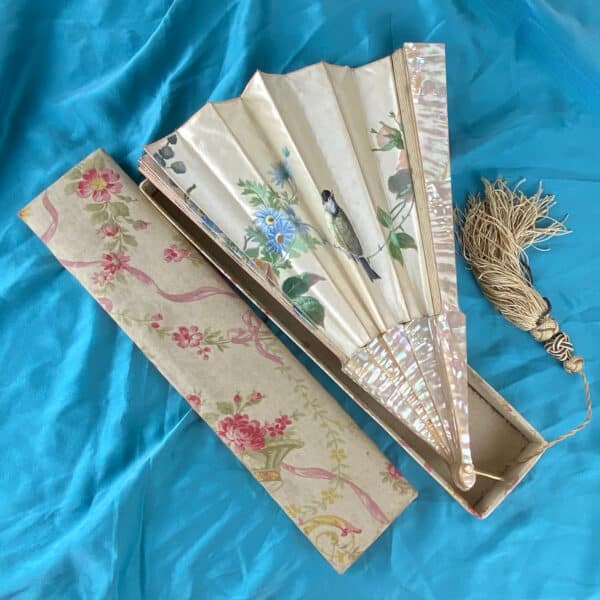 Silk fan with mother of pearl, hand painted decor of bird and flowers c1890 (7)