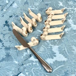 Vintage French knife rests in the shape of ducks, set of art deco ceramic cutlery rests in white and gold