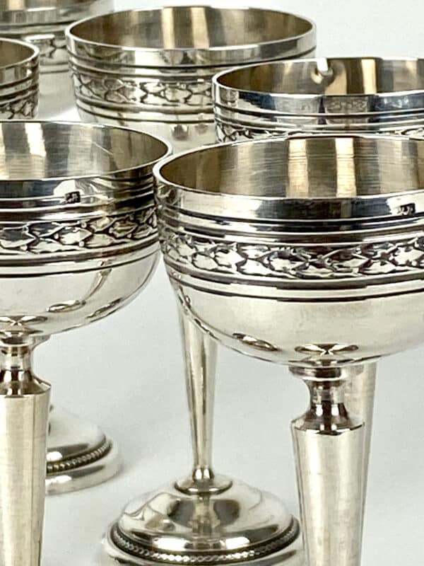 Antique French silver plate liqueur goblets, cordial glasses 4