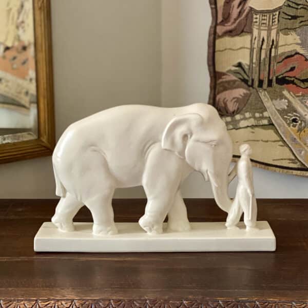 Art Deco craquelé figure of elephant with mahout by STEF (2) French antique ceramic sculpture