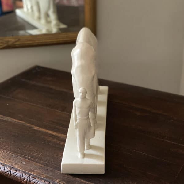 Art Deco craquelé figure of elephant with mahout by STEF (3) Antique French ceramic sculpture c1930