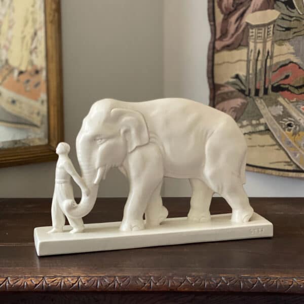 Art Deco craquelé figure of elephant with mahout by STEF