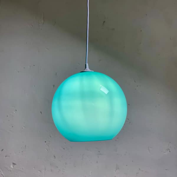 Space Age pendant light in turquoise opaline glass, mid century light, vintage 70s ceiling light, 1970s teal glass light, mid century hanging lamp (2)