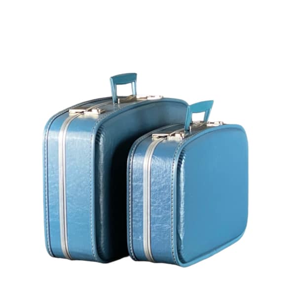 vintage luggage set-of-2-blue-vintage-suitcases-by-fingerhut-1960s-travel-cases-mid-century-stewardess-luggage, vintage luggage