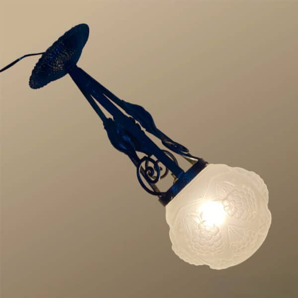 Art Deco ceiling light wrought iron frosted glass c1930 (3) French vintage globe chandelier