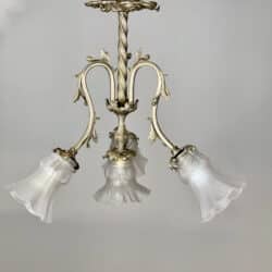antique bronze chandelier with silver patina, 4 branch ceiling light with frosted glass shades
