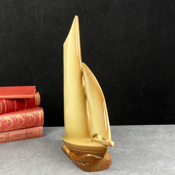 Art deco sailboat sculpture, Large French faience yacht figure 1930s (1)