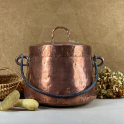 Large antique copper cauldron with lid, dovetail seams and copper rivets, rustic decor