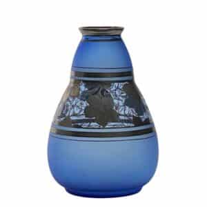 Maison Leune blue art deco vase with electroplated decor 1920s