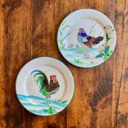Gien antique enamelled plates with cock and hen c1875, antique French plates