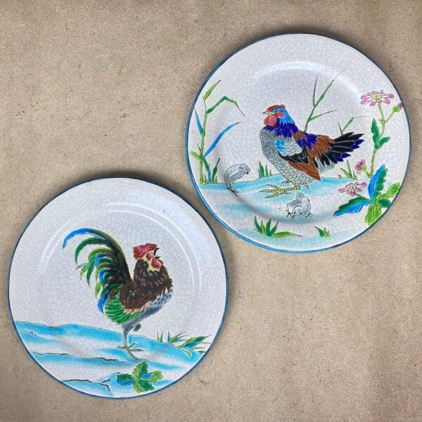 Gien antique enamelled plates with cock and hen c1875 (5)