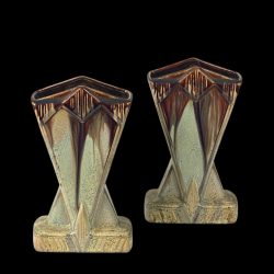 pair of Belgian Art Deco vases with green and brown drip glaze